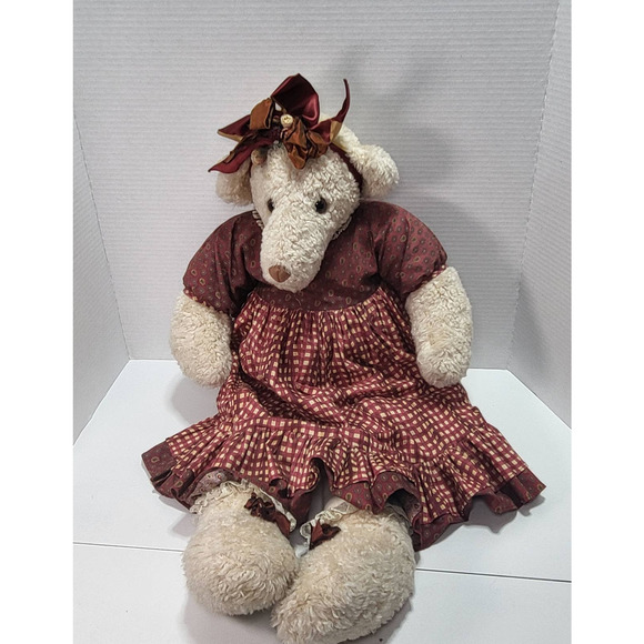 Fuzzy Dog Large Cream Colored Stuffed Plush Red Checkered Plaid Dress with Bows - Picture 6 of 9